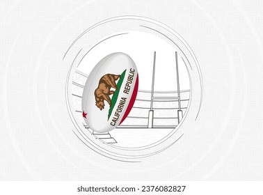 California flag on rugby ball, lined circle rugby icon with ball in a crowded stadium. Vector sport emblem on abstract background.