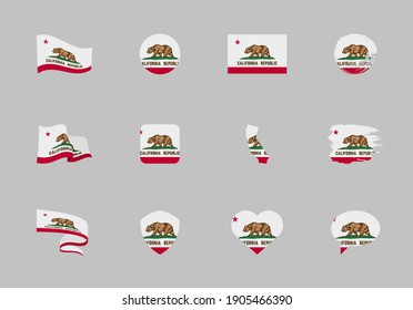 California - colección plana de banderas de los Estados Unidos. Banderas de doce iconos planos de varias formas. Conjunto de ilustraciones vectoriales