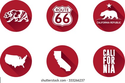 California Flat Icon Set. Vector graphic flat icon images and symbols representing the US State of California.