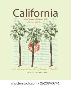California Fresh summer  vacation. palm paradise. print for palm beach. Palm tree summer beach t shirt print design, Vintage Retro sunset or sunrise. surfing with big wave