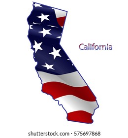 California full of American flag waving in the wind. The outline of the state