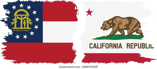 California and Georgia states grunge brush flags connection, vector