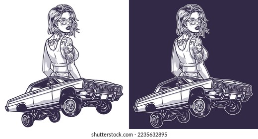California girl lowrider monochrome label with jumping car and cool belle with body tattoos and trendy glasses vector illustration