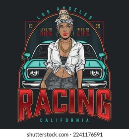 California girl racer colorful flyer brave blonde woman and car to participate in street racing in Los Angeles vector illustration