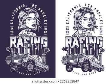 California girl racer monochrome flyer lowrider car and urban skyscrapers with palm trees near Los Angeles woman vector illustration