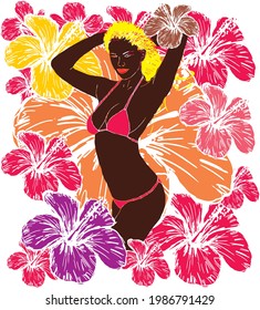 California girls and hibiscus flower graphic design vector art