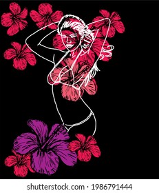 California girls and hibiscus flower graphic design vector art