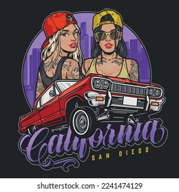 California girls racer colorful poster car with lowriding wheels and two tattooed girlfriends dressed in street style vector illustration svg
