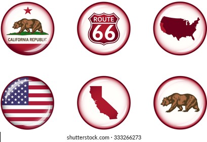 California Glossy Icon Set. Vector Graphic Symbols And Images Representing The US State Of California.