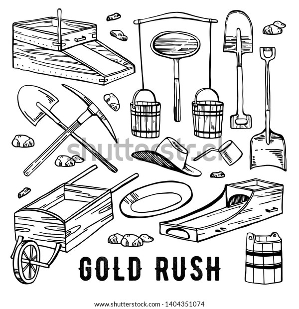California gold rush vector hand drawn vintage\
outline graphic set. Historical gold mining tools. isolated on\
white background