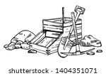 California gold rush vector illustration. Hand drawn vintage outline graphic with rocker box, pick and shovel black on white background