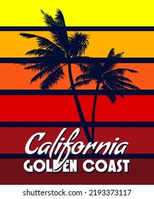 California Golden Coast t-shirt typography sunset print design. Poster retro palm tree silhouettes