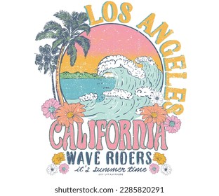 California golden state graphic print. Summer good vibes artwork for apparel. palm long beach illustration vector. Summer flower print. Los angels. Big wave.