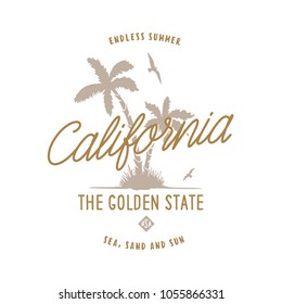 California golden state t-shirt design. Hand drawn palms with the seagulls. Usa related design elements for prints, posters. Vector vintage illustration.