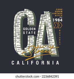 california golden state t-shirt graphic design with abstact lettering city, print, typography, label, badge, emblem. vector illustration.