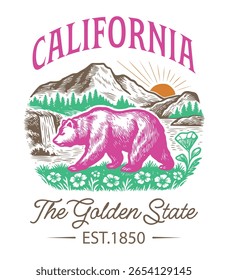 Califórnia O Estado Dourado - Estados Unidos Estado Cityscape T-shirt Vetor, Ícones americanos de referência, Vintage Estados Cityscape Camisa, Retro Travel City Art, Estados Landmark Quotes, Estado Vacation Illustration
