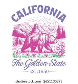 California The Golden State - US State Vintage T-shirt Vector, USA States Cityscape Landmark Icons, American State Typography Shirt, USA Skyline Clipart, Retro travel city illustration