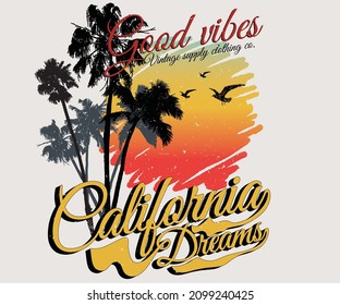 California good vibes print design for t shirt print, poster, sticker, background and other uses. Summer outing colorful retro print artwork.