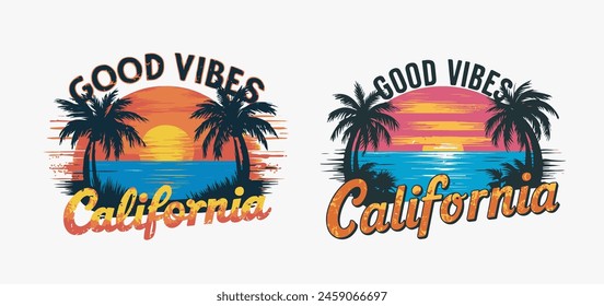 California good vibes text with waves and sun vector illustrations. For t-shirt prints and other uses.
