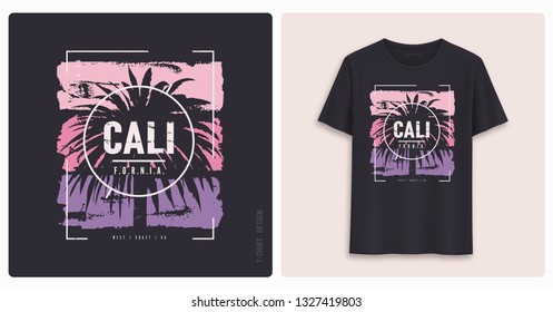 California. Graphic tee shirt design, grunge styled print. Vector illustration.