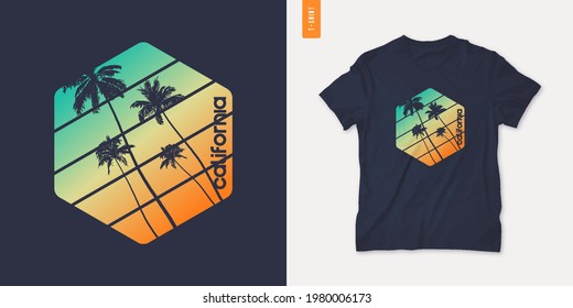 California graphic t-shirt design with palm tress, summer retro print, vector illustration.