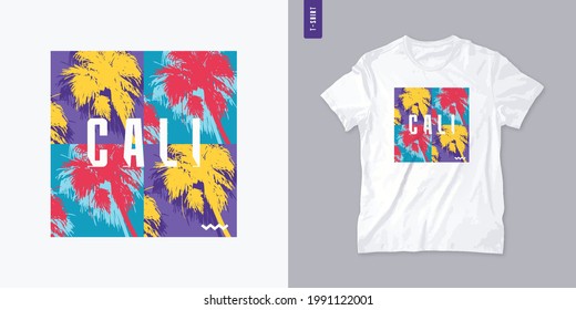 California graphic t-shirt design with palm tress, summer retro print, colorful vector illustration.