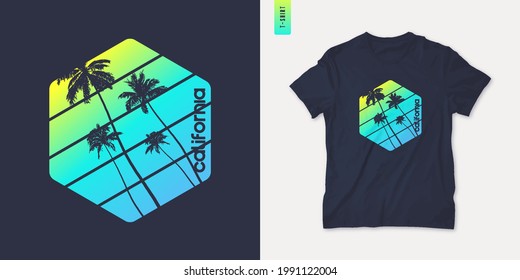 California graphic t-shirt design with palm tress, summer retro print, vector illustration.