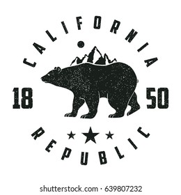 California grunge print with bear and mountains. Vintage graphic for design clothes, t-shirt, apparel. Vector illustration.