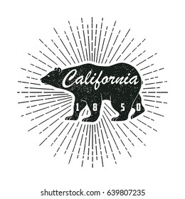 California grunge print with bear and sunburst. Label in vintage hipster style. Graphic design for clothes, t-shirt, apparel. Vector illustration.