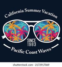 California grunge for print t shirt with sunglasses and palm trees. Summer typography for apparel,Vector illustration art