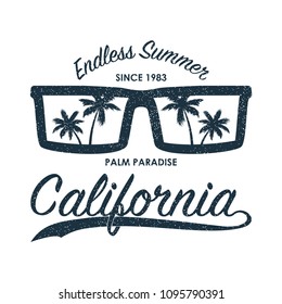 California grunge print for t-shirt with sunglasses and palm trees. Summer typography for clothes, original apparel. Vector illustration.