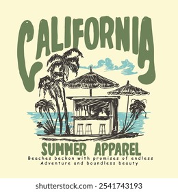 California hand drawn summer apparel design. hand drawn palm tree beach umbrella. beach print design. tropical print design in vector graphic