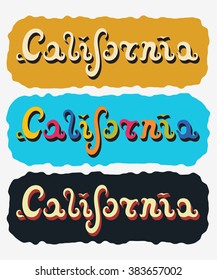  CALIFORNIA. Hand lettered in the form of waves. Design fashion color apparel  print on light (blue), dark background. T shirt graphic vintage grunge vector illustration badge label logo template. 