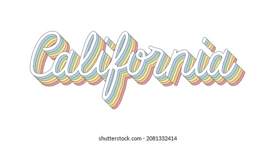 California hand lettering 3d isometric effect with rainbow patterns.