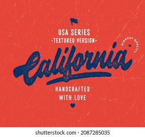 California hand lettering design. USA States series. Original California vector typography. Brush script style. Good for t shirt apparel print poster gift mug packaging etc. Textured vintage version