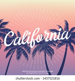 California. Hand made script font. Vacation summer time. Waikiki beach. Vector illustration. Retro typeface and logo. Summer style.