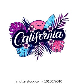 California hand written lettering with palm and monstera leaves, tropical plant and flowers, sun, birds, surfboards. Use for tee print, sticker, poster. Apparel design. Vector illustration.