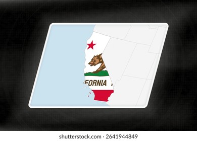 California Highlighted in Flag Colors on Geographic Map. Modern Map on a dark abstract backdrop.