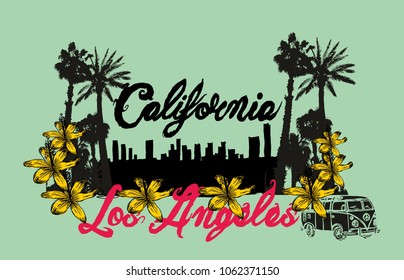 California hippies van graphic design vector art