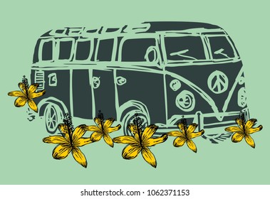 California hippies van graphic design vector art
