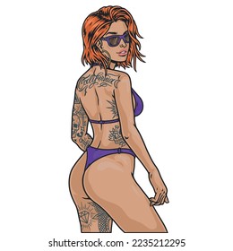 California hot girl colorful sketch tattooed with skull or name state dressed in bikini for beach or pool vector illustration