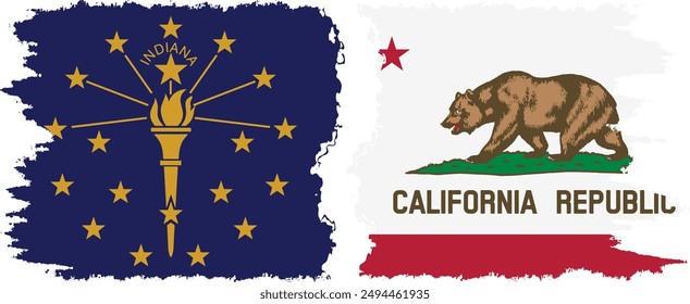 California and Indiana states grunge brush flags connection, vector