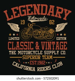 California legendary motorcycle, superior team typography, t-shirt graphics, vectors