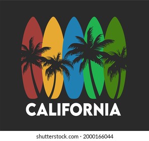 california lettering with palm tree silhouettes and colorful surfboards