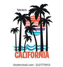 California lettering,plam tree and sunset gradient abstract,Design element for T-shirt,  Vector illustration. Typography for, poster or clothing design. Vector stock illustration