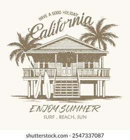 California lifeguard house. Good vibes t-shirt artwork. Palm tree, chair graphic print design. Enjoy summer time vector design. Summer retro graphic print design. Surfing board. Beach paradise. island