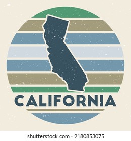 California logo. Sign with the map of us state and colored stripes, vector illustration. Can be used as insignia, logotype, label, sticker or badge of the California.