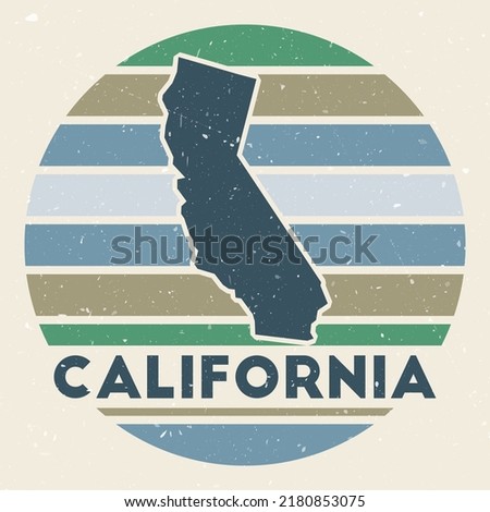 California logo. Sign with the map of US state and colored stripes, vector illustration. Can be used as insignia, logotype, label, sticker or badge of California.