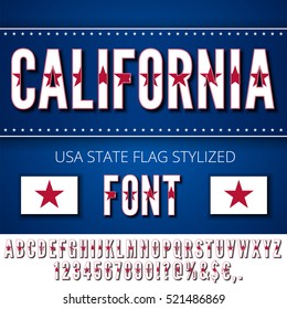 California Lone Star USA state flag font. Alphabet, numbers and symbols stylized by state flag. Vector typeset