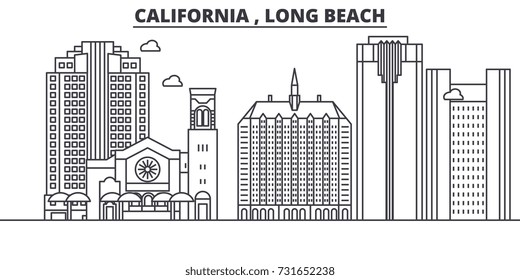 California  Long Beach Architecture Line Skyline Illustration. Linear Vector Cityscape With Famous Landmarks, City Sights, Design Icons. Landscape Wtih Editable Strokes